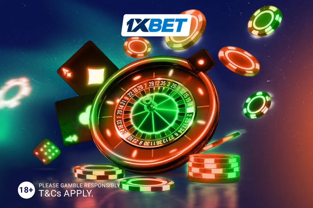 Interface do cassino 1xbet mostrando rodas de roleta e slots em múltiplos dispositivos